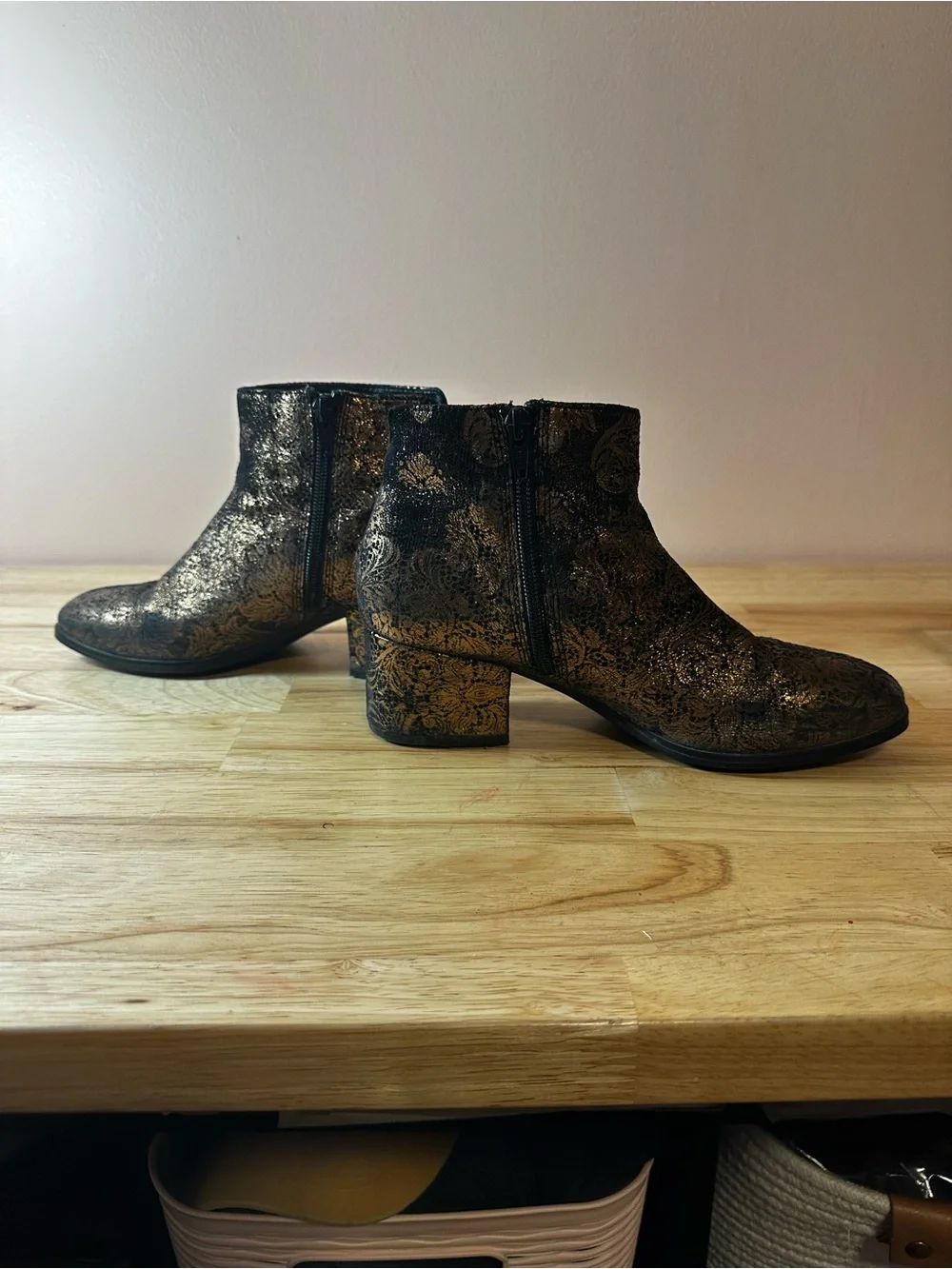 Vagabond Black and Gold Floral Block Heel Ankle Boots